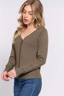 Olive V-Neck Button Down Long Sleeve Soft Knit Rayon Cardigan